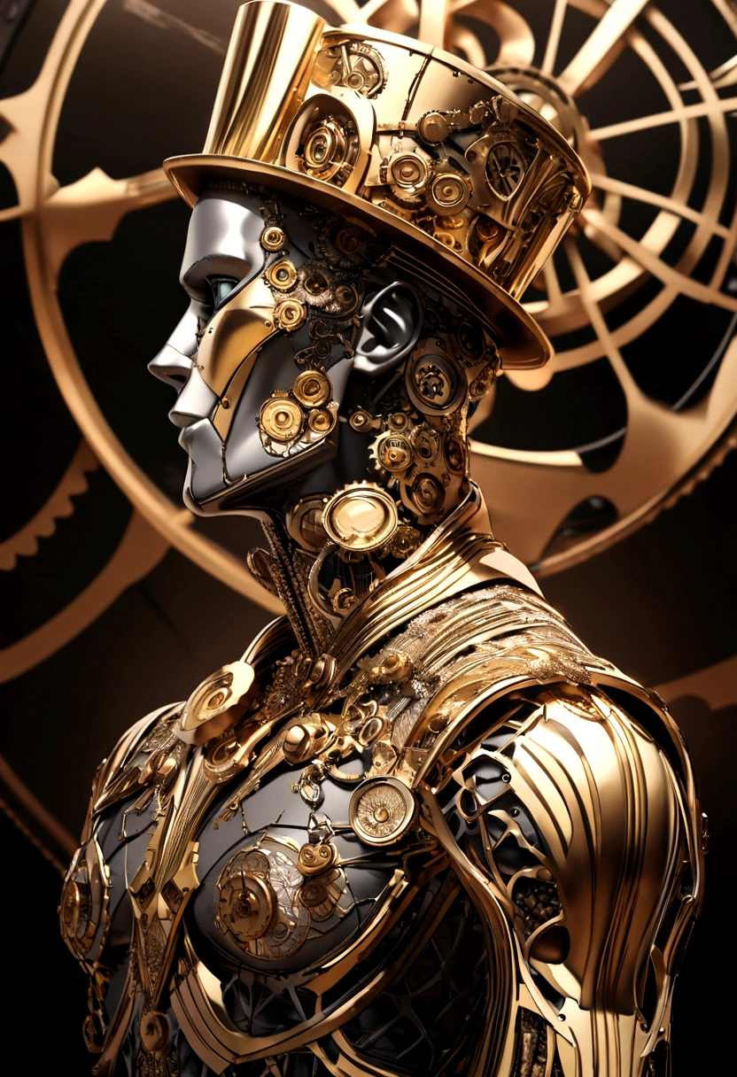 A centered profile of a 3D MAN with an illustrated face, facing right, Sharp jawline and chin, broad and wide chin, and well-defined facial structure, shaved, metal skin, eyes opened, wearing a top hat on his head headwith gears on it, digital art inspired by Hedi Xandt, kinetic art, made from gold metal gears, vintage, steampunk, gold with green veins, metallic background, open copy space, metal skin., textured skin, super detail, high details, high quality, award winning