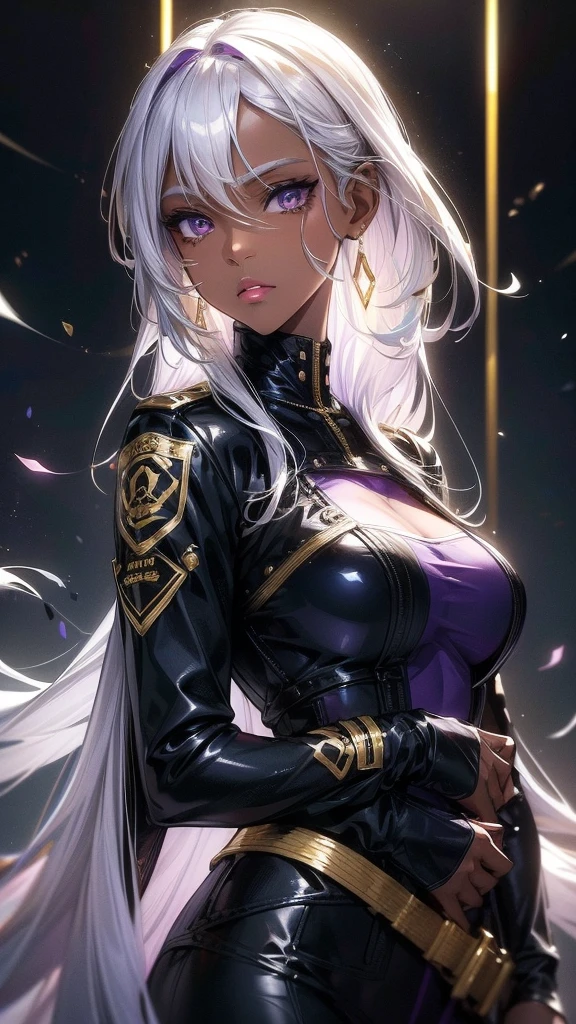 A with pure white straight hair, Dark Skin, Latin, Purple Iris, Wearing a black tactical uniform with gold lines，Wearing gold snake earrings. Delicate eyes, Delicate face, Exquisite grunge fashion, Light, Larger breasts,Realistic concept art with strong backLighting.