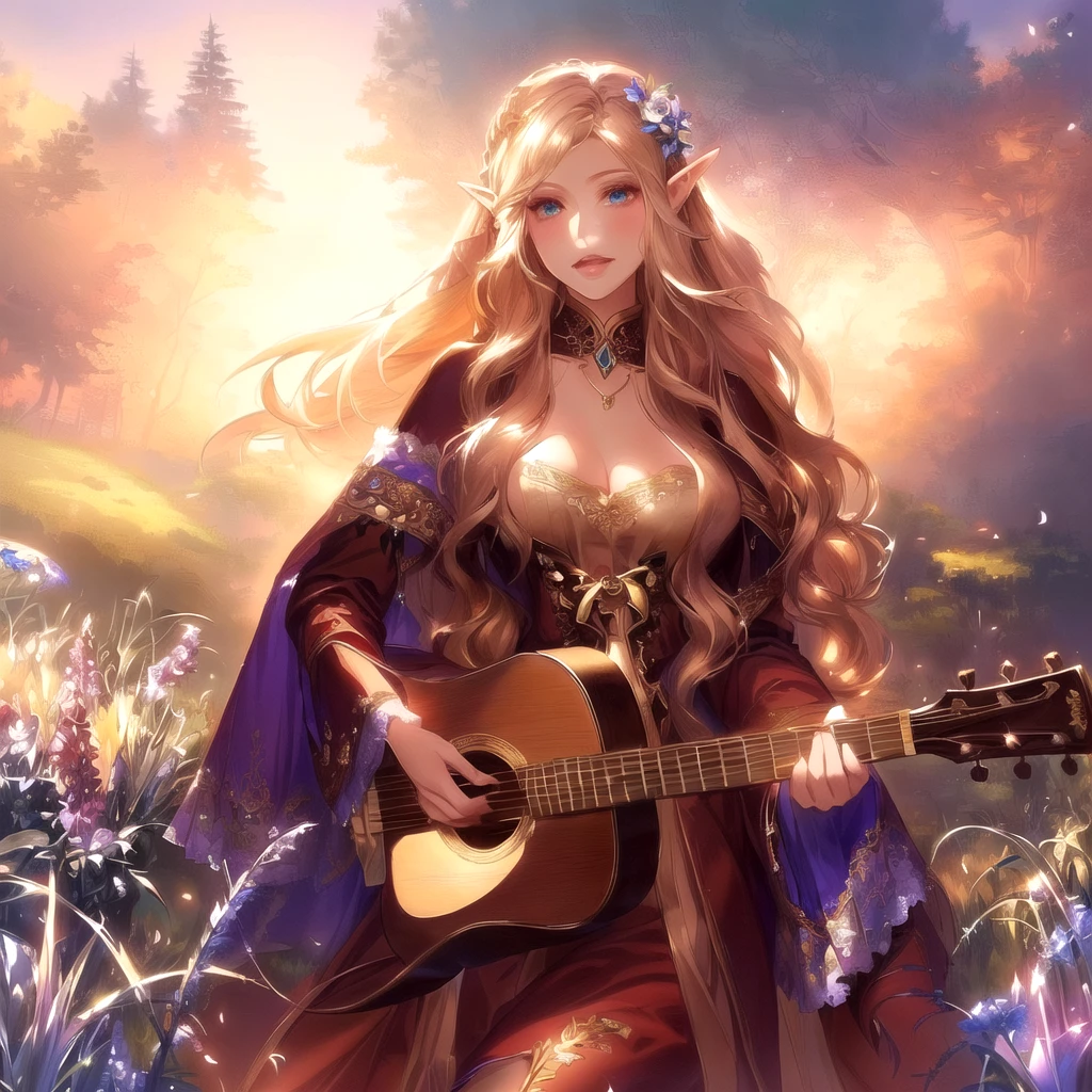 high quality、There is a woman holding a bodhran in a flower field., Fantasy art style, Beautiful fantasy art, Elven bard of the forest playing the lute, fog、Beautiful anime fantasy art portrait, Elf Girl, beautiful wood elf, everyone, Beautiful fantasy anime, Fantasy art style, Beautiful maiden, Elf Princess, Fantasy-style anime, Anime fantasy artwork, Shadowverse Style, Anime fantasy illustration, high qualityのアニメアートスタイル, Beautiful anime art