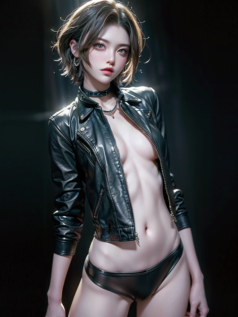 ((Highest quality)),(Ultra-high resolution),(Very detailed),(Detailed Description),((The best CG)),(masterpiece),Ultra-detailed art, Black background、Dramatic lighting1.2、Gives off a radiant aura、semi-long、(((Mid-shot photo 1.5)))、Always look at the viewer with a sharp gaze、、Short length leather jacket、put on top of naked body、The world of Resident Evil 1.2、High leg underwear 1.5、He has a gun、