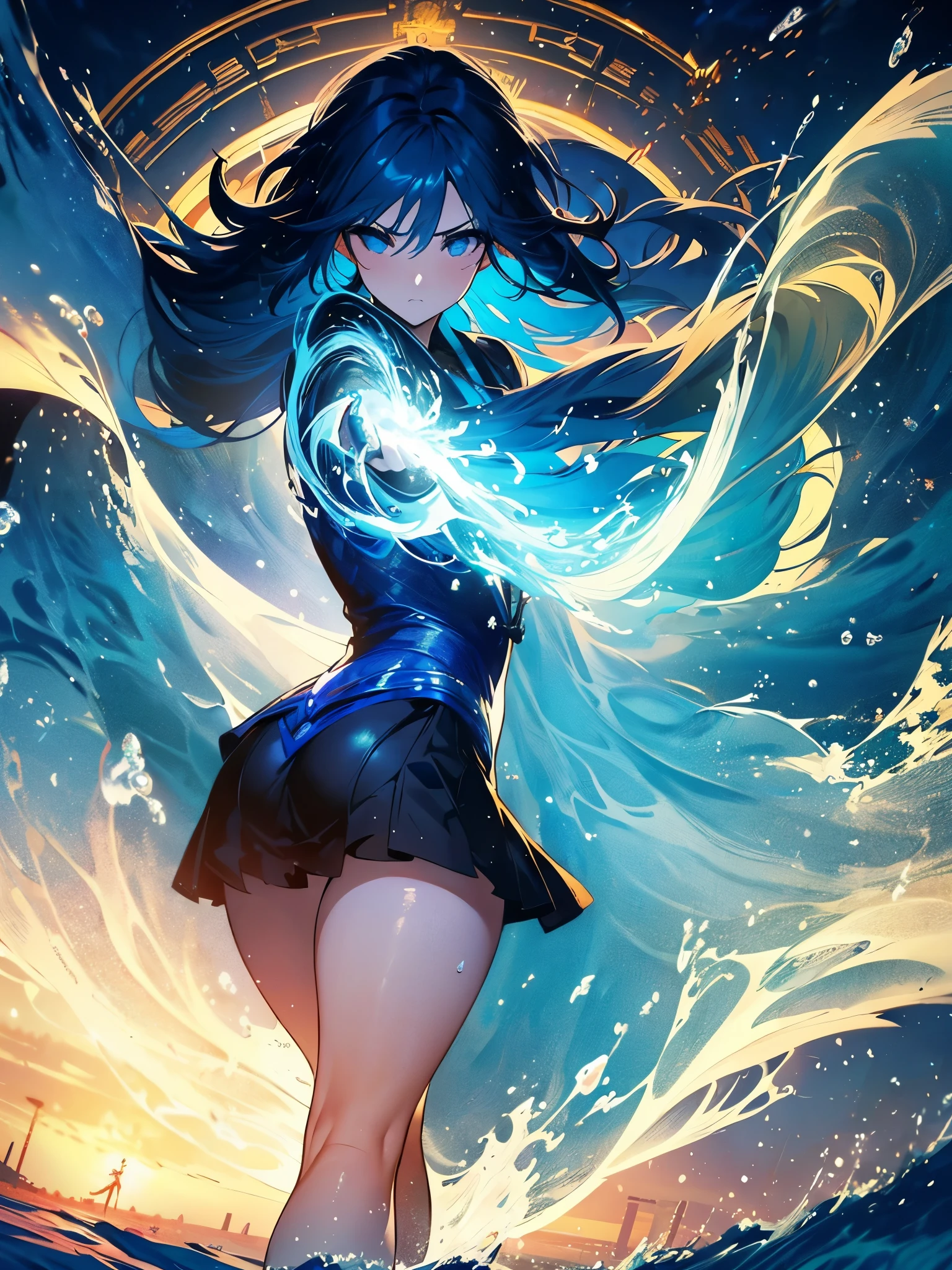 There is a woman with blue hair, guweiz style art, Guweiz, beautiful character painting, Guweiz na ArtStation Pixiv, Guweiz na Pixiv ArtStation, Awesome anime face portrait, beautiful digital art, Masterpiece by Guweiz, detailed anime digital art, (((the woman is in the sea water where shapes of water are around her, long hair in motion, thick fit body e coxas)))
