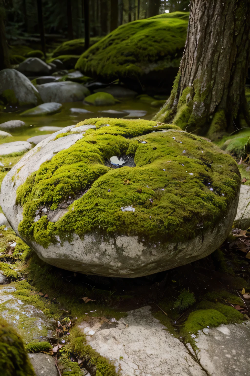 A huge stone in the forest. Moss grows on the stone. A light shines on the stone.