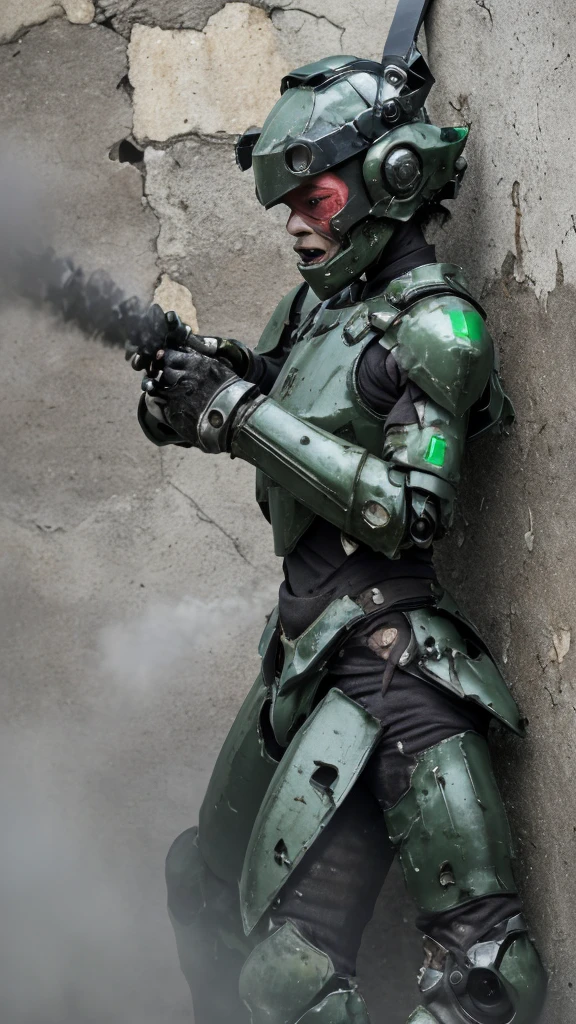 Rough skin, Very detailed, Advanced Details, high quality, 最high quality, High resolution, 1080P 、Bleeding from the wound、Sexy Eyes、Wearing green and black、cute((The whole body is sweating))(Equipped with a damaged battle suit....)(Dark green armor)(Broken Armor)Black Hair、Chiquita、short hair、Open your mouth、Painful expression、It hurts again、Healthy Skin、20-year-old female defeat (Steam coming out of the face) ((Steam from the body)) Unable to fight Severe attacks ((I was thrown against a wall and my headgear broke. )) Debris flying away bare hands Armor Stripping