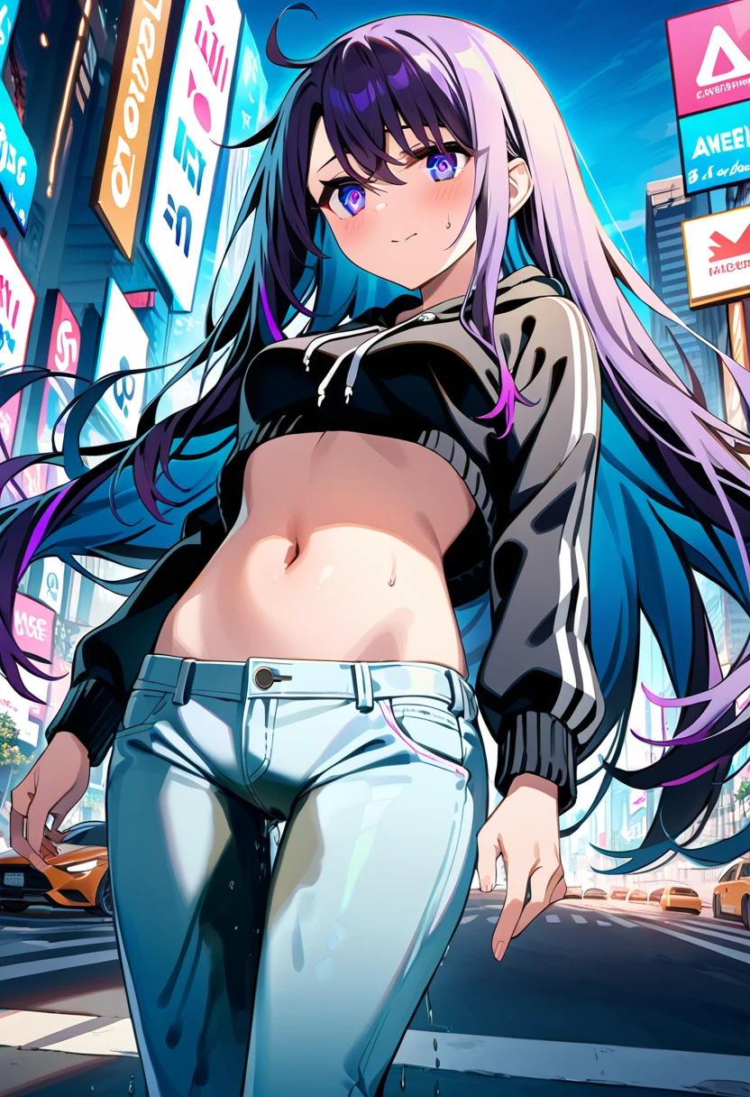 (masterpiece:1.37), best quality, (extremely detailed:1.37), woman, (very long hair:1.5), dark purple hair, purple eyes, (extremely detailed eyes:1.37), hoodie, navel, jeans, open fly, desperation, (wetting: self 3.0), standing, city, futuristic, neon lighting, high-tech