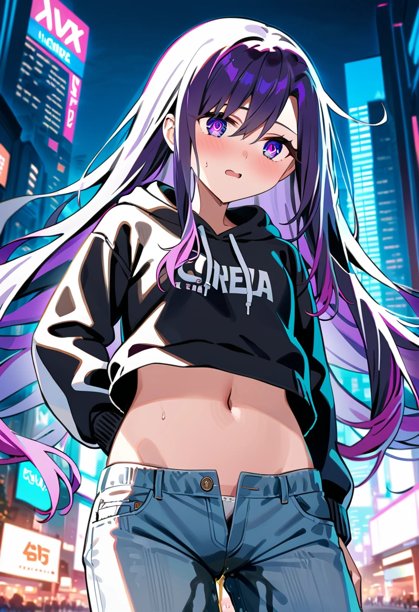 (masterpiece:1.37), best quality, (extremely detailed:1.37), woman, (very long hair:1.5), dark purple hair, purple eyes, (extremely detailed eyes:1.37), hoodie, navel, jeans, open fly, desperation, (wetting: self 3.0), standing, city, futuristic, neon lighting, high-tech