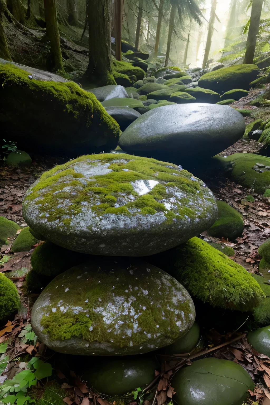 A huge stone in the forest. Moss grows on the stone. A light shines on the stone.