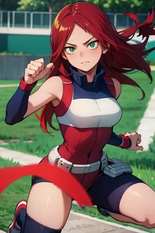  woman in my hero academia , Green eyes , red long  hair, controlling the ground , surface 