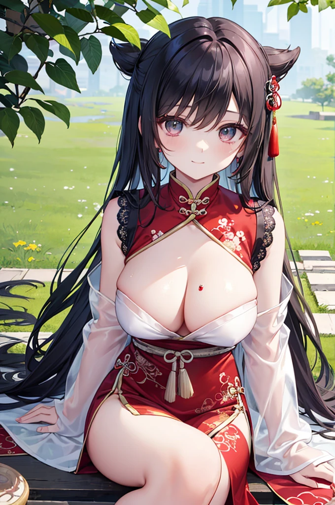 Beautiful Chinese girl，Wearing Hanfu，（transparent），Black long hair，watcher，Upper Body，Sitting on the grass，Lovely，A slight smile on the face，Large bust，Beautiful breasts，Delicate breasts，Cleavage close-up，（Slim legs:10.0)，Peerless Beauty，Wearing Chinese ancient jade hairpin jewelry，Red leg