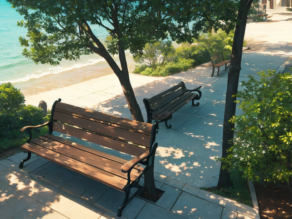 wallpaper, shade of a tree on a summer day, bench, View from above, Nostalgic atmosphere, Hyper Detail、movie, Surrealism, soft, Ray Tracing、diffusion (Ultrafine glass reflection)、Surrealism。