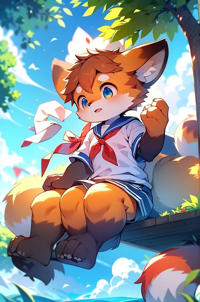 Red Panda Boy,Appeared wearing a sailor uniform! Sitting,fly in the sky,Blue light,