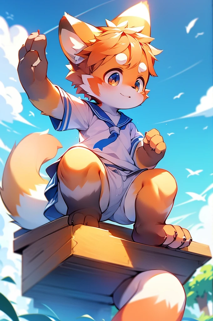 Red Panda Boy,Appeared wearing a sailor uniform! Sitting,fly in the sky,Blue light,