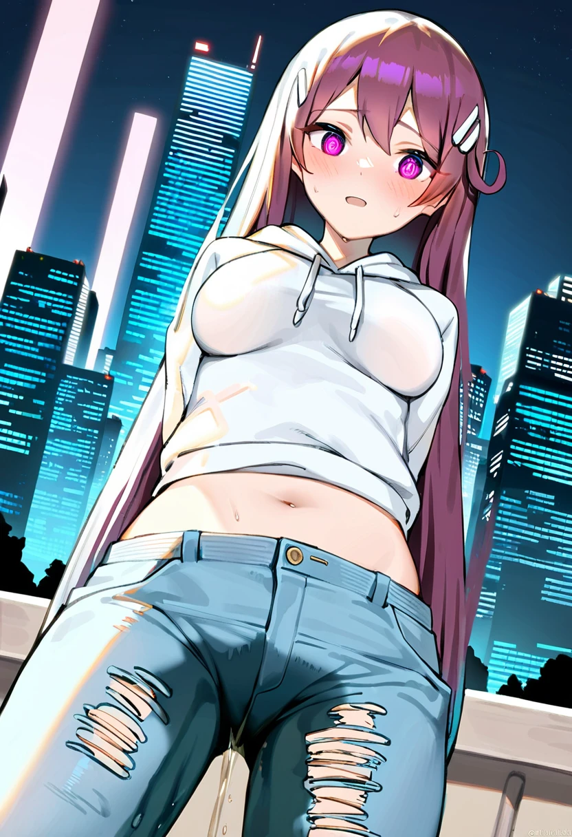 (masterpiece:1.37), best quality, (extremely detailed:1.37), woman, (very long hair:1.5), dark purple hair, purple eyes, (extremely detailed eyes:1.37), hoodie, navel, jeans, open fly, desperation, (wetting: self 3.0), standing, city, futuristic, neon lighting, high-tech