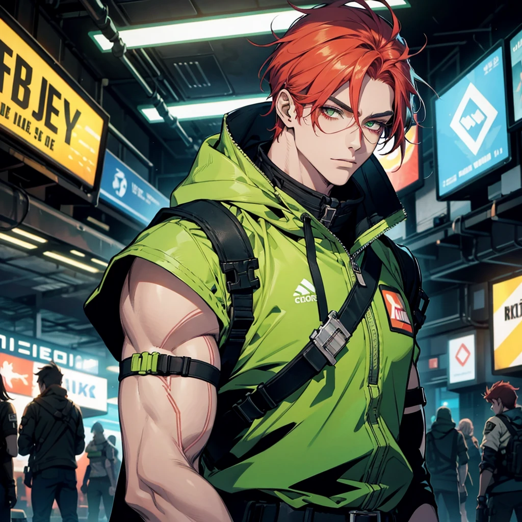 1 chico, redhead, high, muscular, White skin, parts, green eyes, postapocalyptic world, technology, deaf, Neon colors, poor clothes, neon lights