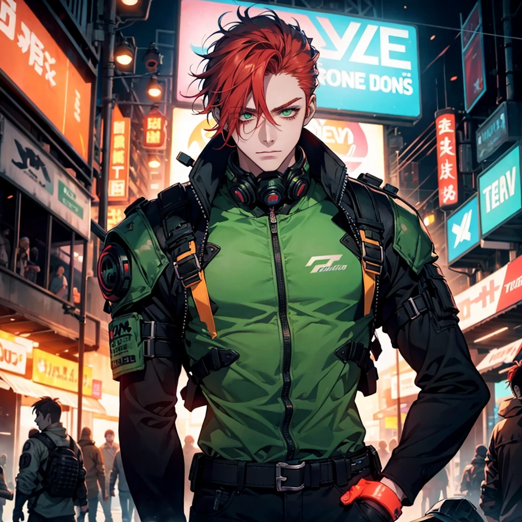 1 chico, redhead, high, muscular, White skin, parts, green eyes, postapocalyptic world, technology, deaf, Neon colors, poor clothes, neon lights