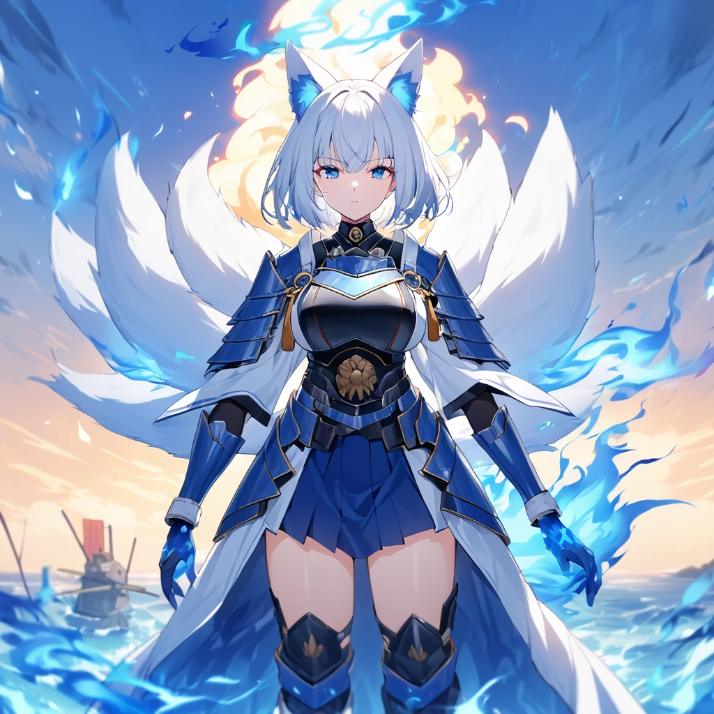 A woman wearing heavy blue armor with white trim, long white fur cape, samurai shoulder pad, metal samurai breastplate, metal boots, samurai bracelet, large breasts, blue flames on hands, blue flames, blue aura of flames, blue eyes emitting flames, white hair, short hair kitsune ear, kitsune tail, multi tail, large white fox in the background, wide sea view, a big blue flame in the background, blue flame over the sea
