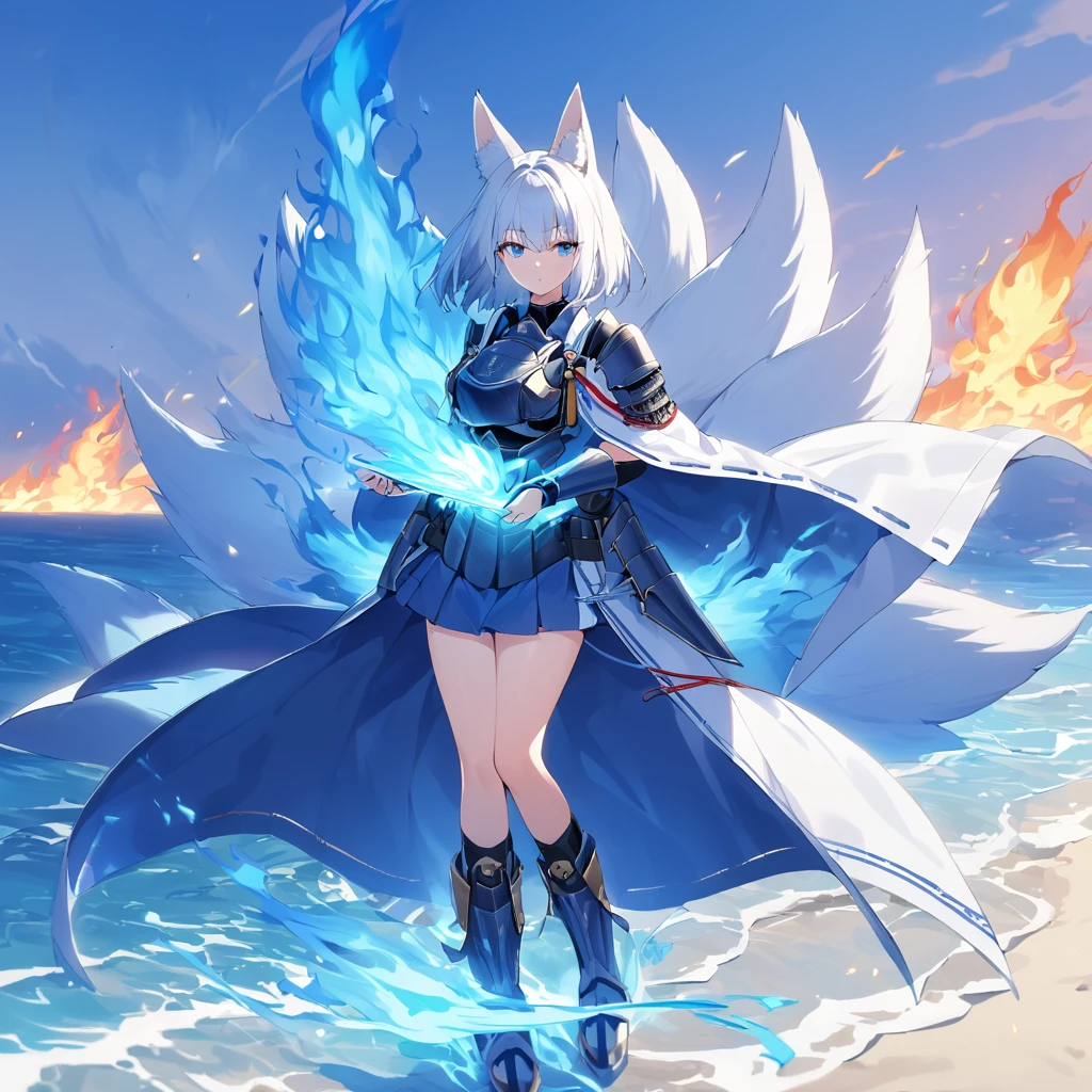 A woman wearing heavy blue armor with white trim, long white fur cape, samurai shoulder pad, metal samurai breastplate, metal boots, samurai bracelet, large breasts, blue flames on hands, blue flames, blue aura of flames, blue eyes emitting flames, white hair, short hair kitsune ear, kitsune tail, multi tail, large white fox in the background, wide sea view, a big blue flame in the background, blue flame over the sea
