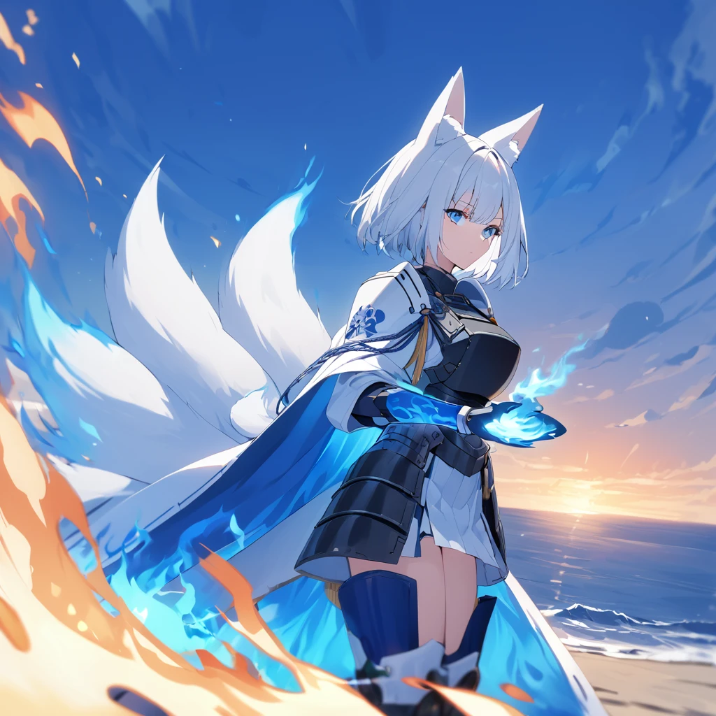 A woman wearing heavy blue armor with white trim, long white fur cape, samurai shoulder pad, metal samurai breastplate, metal boots, samurai bracelet, large breasts, blue flames on hands, blue flames, blue aura of flames, blue eyes emitting flames, white hair, short hair kitsune ear, kitsune tail, multi tail, large white fox in the background, wide sea view, a big blue flame in the background, blue flame over the sea
