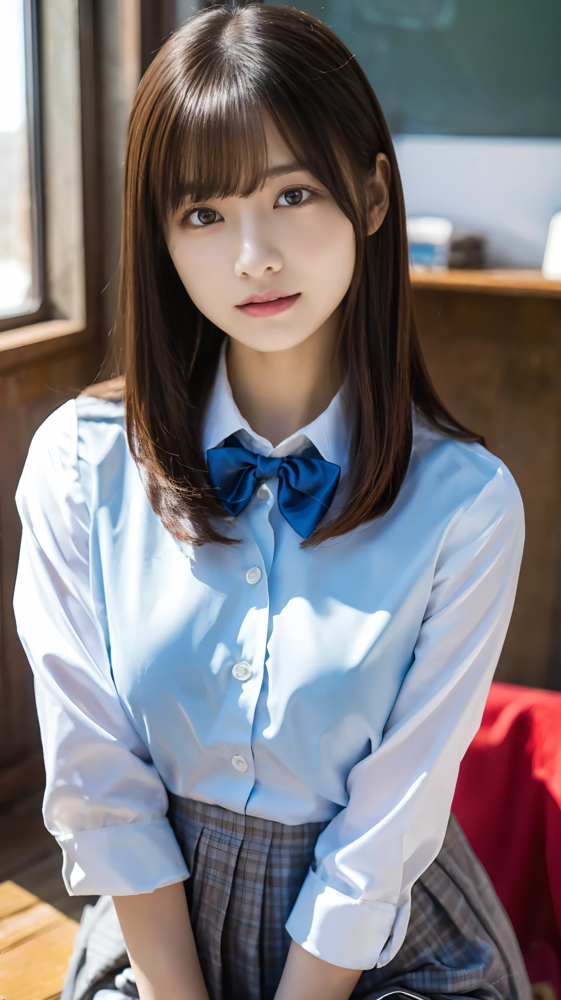 High resolution、High resolution、In 8K、RAWphotographgraphy、Highest quality、masterpiece、Tabletop、erotic、student、 good,White skin,knees,(Skin-colored pantyhose),Detailed Panty Pattern、Panty Focus、Pink Panties、Absurd,Small face、Big Breasts、前hairを真ん中から分ける、The forehead is visible,(Cold look<eyeを細めて,Glare,strong,Light anger)、masterpiece,Highest quality、超High resolution,RAWphotograph,only,Beautiful poop,One person, One personで,Dark look,Small breasts,whole body、very nice、JK ,high school girl,Japanese women,Are standing,(Realistic:1.37)、Photon Mapping,Light blue ribbon,Realistic、Cute Face,茶色のeye、Black socks、22 years old、(Red bow tie)、Radio City、物理ベースonlyダリング、prospect、Written boundary depth、Blurred Background、photograph,girl、body,Beautiful legs, Long legs, Thin legs,(前hairが見える), hair, lips, green_eye, Nose Soft,(Light blue shirt), (Navy Pleated Skirt), kneesが見える,See-through clothing,, thigh, black cotton socks,Nogizaka Idol, , Japanese Ido、キラキラしたeye、Glossy lips、