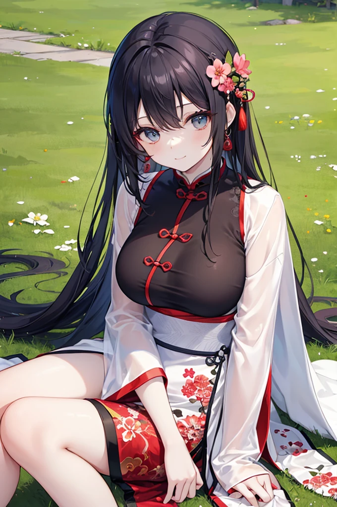 Beautiful Chinese girl，Wearing Hanfu，（transparent），Black long hair，watcher，Upper Body，Sitting on the grass，Lovely，A slight smile on the face，Exquisite big breasts，（Slim legs:10.0)，Peerless Beauty，Wearing Chinese ancient jade hairpin jewelry，Red leg