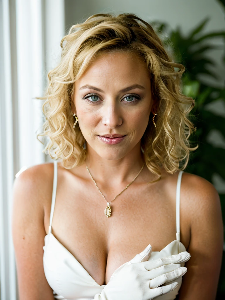 Realistic photo of a beautiful v1rg1n14m woman,1girl, solo, breasts, looking at viewer, (((blonde hair))), gloves, cleavage, bare shoulders, jewelry, medium breasts, green eyes, upper body, earrings, elbow gloves, white gloves, lips, makeup, lipstick, curly hair, realistic, soft lighting, professional Photography, Photorealistic, detailed, RAW, analog, sharp focus, 8k, HD, DSLR, high quality, Fujifilm XT3, film grain, award winning, masterpiece