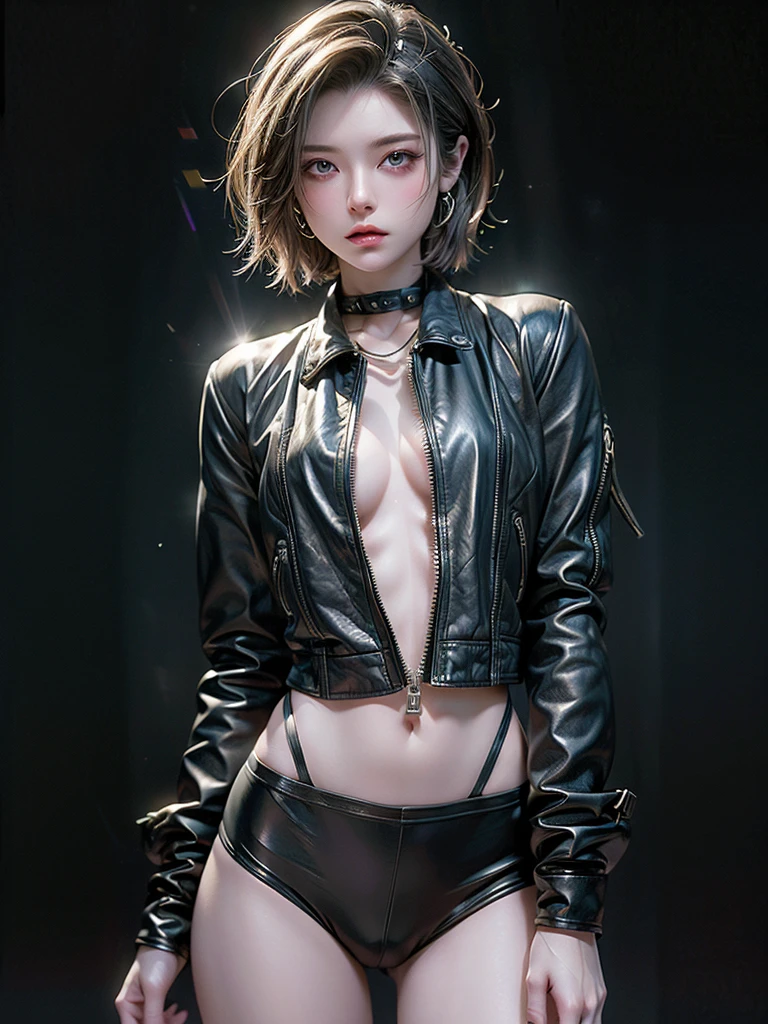 ((Highest quality)),(Ultra-high resolution),(Very detailed),(Detailed Description),((The best CG)),(masterpiece),Ultra-detailed art, Black background、Dramatic lighting1.2、Gives off a radiant aura、semi-long、(((Mid-shot photo 1.5)))、Always look at the viewer with a sharp gaze、、Short length leather jacket、put on top of naked body、The world of Resident Evil 1.2、High leg underwear 1.5、He has a gun、