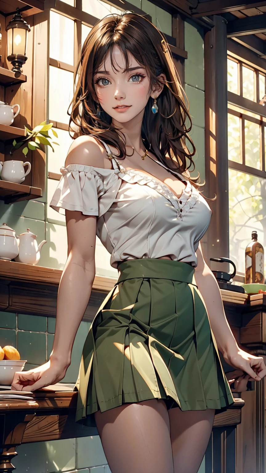 One girl, alone, Brown eyes, Brown Hair, Long Hair, A light smile, earrings, Frilled Skirt, Green Skirt, High Waist Skirt, Puff short sleeves, thin, thin, (Japanese:0.8)、Sexy proportions、Cleavage Emphasis、Nipple Emphasis、Off-the-shoulder tops