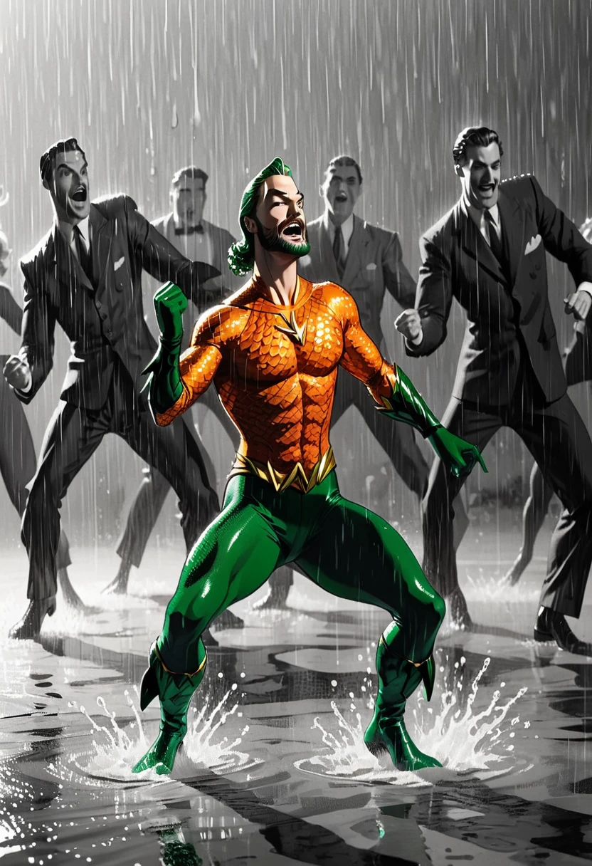 illustrate aquaman dancing stanky boogie in the rain, (vintage green and orange hero aquatic suit), A black and white world, each drop of rain unleashes a ripple of color, bringing color to this otherise mundane world, color reverberating out from each raindrop as it makes contact with the ground, sublte coloring to enrich the black and white image, rich color grading, sense of depth, shading and shadows  (random wild weird dall-e), webcomic, beyond weird, hyper maximal, utterly strange, too weird, unknown, **wordless** strangely dancing aquaman, purely maximal blissed, elated, contortion, stretched skewed, outlandish, odd, weird, absurd, zany, silly, contorted, unhinged, stylish illustration in the style of Joelle Jones of vintage classic sea hero aquaman dancing a stanky boogie dance, warm color grading, cinematic coloring lighting texture, 1940's watercolor background
