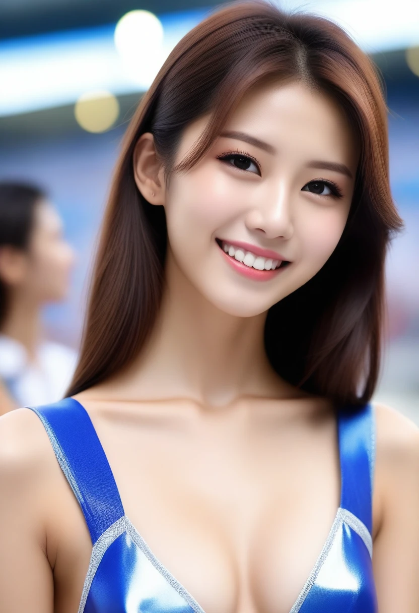 8K, Ultra-high resolution, Highest quality, masterpiece, 三分割法によるphotograph,Surreal, photograph, 1 Girl, (:1.3), pretty girl, Cute face, Beautiful eyes in every detail, 細かくdetailedに,masterpiece,, One Girl:1.2, Japan Female Announcer,Highest quality, Highest quality, 16K, Unbelievably absurd, 非常にdetailed, 2.5D, delicate and dynamic, blue sky, Confetti, Racing Car, Checkered Flag, Small face, Very delicate facial expressions, Delicate eye depiction, Upper body close-up, Only sexy women, Healthy body shape, 22-year-old woman, Race Queen, Height: 170cm, Big companies go bankrupt, Silvery long hair, Sexy long legs, 派手なRace Queenのコスチューム, Blue long skirt, White Leather Long Boots, Formula 1, Auto Racing Track,Beautiful leg line beauty,Captivating thighs,Full of sex appeal,Sensual,A carefree smile,Heal the heart,Short ponytail、beauty,Long neck、Laugh a little、Please close your mouth and laugh、(((Ideal body type))),A cup small breasts :2,、Portraiture:2、Perfect Anatomy、鮮明なdetailed、detailed、Surreal、Light and shadow,Strong light