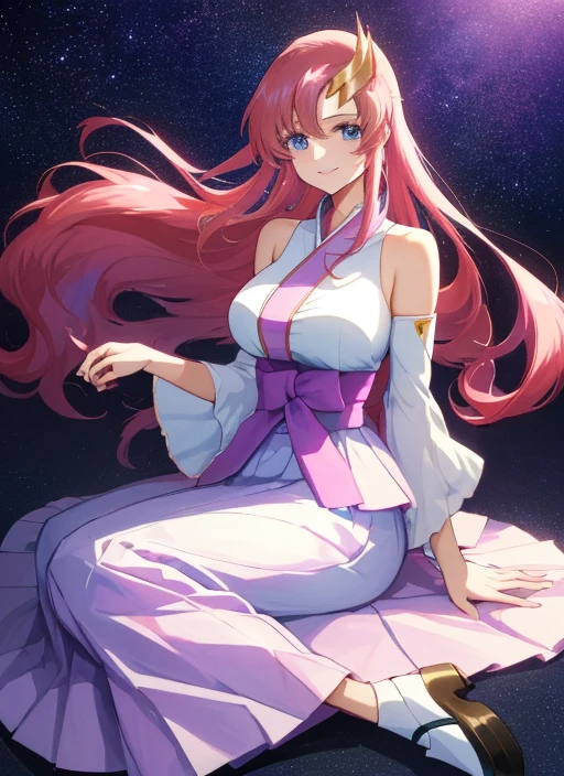 ((64k,Ultra-high resolution,Super best quality,masterpiece,Hyperrealistic,Young and adorable, beautiful, young, adorable,young woman,Full body photo,Full body angle,Whole Body Ezbian,)),GundamSEED,Lacus Clyne,Pink Hairの毛,Blue Eyes,Detailed eyes,Detailed skin,Detailed face,Shiny skin,Detailed Hair,White skin,Perfect lighting,Glossy Lips,京都animeーション, animeカラーリング ,Klein Lake,GundamSEED , Pink Hair, Straight hair,blue eyes , (((hair ornaments, White sleeves,豪華なWhite Dress, 豪華なPurple Skirt, 贅沢なLong skirt))),Very long hair, Bare shoulders, Star background,1980s \(style\),anime, Lacus 1, One girl, alone, hair ornaments, White sleeves, blue eyes, White Dress, Purple Skirt, Long skirt, Very long hair, Bare shoulders, Large Breasts, smile, Gundam, On the floor,retro artstyle,Water Lake,Swimsuit,Yukata,smile,Many beautiful flowers are blooming,In a dress
