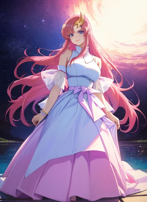 ((64k，Ultra-high resolution，Super best quality，masterpiece，Hyperrealistic，Young and adorable, beautiful, young, adorable，young woman，Full body photo，Full body angle，Whole Body Ezbian，))，GundamSEED，Lacus Clyne，Pink Hairの毛，Blue Eyes，Detailed eyes,Detailed skin,Detailed face,Shiny skin,Detailed Hair,White skin,Perfect lighting,Glossy Lips,京都animeーション, animeカラーリング  ,Klein Lake,GundamSEED , Pink Hair, Straight hair,blue eyes , (((hair ornaments, White sleeves,豪華なWhite Dress, 豪華なPurple Skirt, 贅沢なLong skirt))),Very long hair, Bare shoulders, Star background，1980s \(style\),anime, Lacus 1, One girl, alone, hair ornaments, White sleeves, blue eyes, White Dress, Purple Skirt, Long skirt, Very long hair, Bare shoulders, Large Breasts, smile, Gundam, On the floor,retro artstyle,Water Lake，Swimsuit，Yukata，smile，Many beautiful flowers are blooming，In a dress