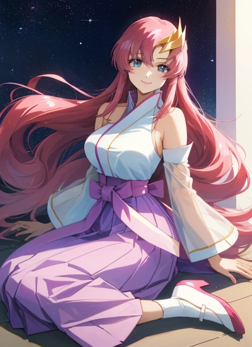 ((64k，Ultra-high resolution，Super best quality，masterpiece，Hyperrealistic，Young and adorable, beautiful, young, adorable，young woman，Full body photo，Full body angle，Whole Body Ezbian，))，GundamSEED，Lacus Clyne，Pink Hairの毛，Blue Eyes，Detailed eyes,Detailed skin,Detailed face,Shiny skin,Detailed Hair,White skin,Perfect lighting,Glossy Lips,京都animeーション, animeカラーリング  ,Klein Lake,GundamSEED , Pink Hair, Straight hair,blue eyes , (((hair ornaments, White sleeves,豪華なWhite Dress, 豪華なPurple Skirt, 贅沢なLong skirt))),Very long hair, Bare shoulders, Star background，1980s \(style\),anime, Lacus 1, One girl, alone, hair ornaments, White sleeves, blue eyes, White Dress, Purple Skirt, Long skirt, Very long hair, Bare shoulders, Large Breasts, smile, Gundam, On the floor,retro artstyle,Water Lake，Swimsuit，Yukata，smile，Many beautiful flowers are blooming，In a dress