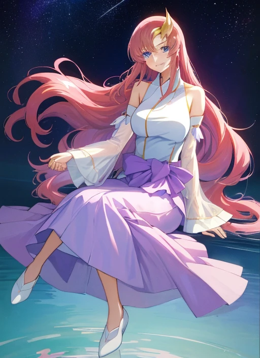 ((64k,Ultra-high resolution,Super best quality,masterpiece,Hyperrealistic,Young and adorable, beautiful, young, adorable,young woman,Full body photo,Full body angle,Whole Body Ezbian,)),GundamSEED,Lacus Clyne,Pink Hairの毛,Blue Eyes,Detailed eyes,Detailed skin,Detailed face,Shiny skin,Detailed Hair,White skin,Perfect lighting,Glossy Lips,京都animeーション, animeカラーリング ,Klein Lake,GundamSEED , Pink Hair, Straight hair,blue eyes , (((hair ornaments, White sleeves,豪華なWhite Dress, 豪華なPurple Skirt, 贅沢なLong skirt))),Very long hair, Bare shoulders, Star background,1980s \(style\),anime, Lacus 1, One girl, alone, hair ornaments, White sleeves, blue eyes, White Dress, Purple Skirt, Long skirt, Very long hair, Bare shoulders, Large Breasts, smile, Gundam, On the floor,retro artstyle,Water Lake,Swimsuit,Yukata,smile,Many beautiful flowers are blooming,In a dress