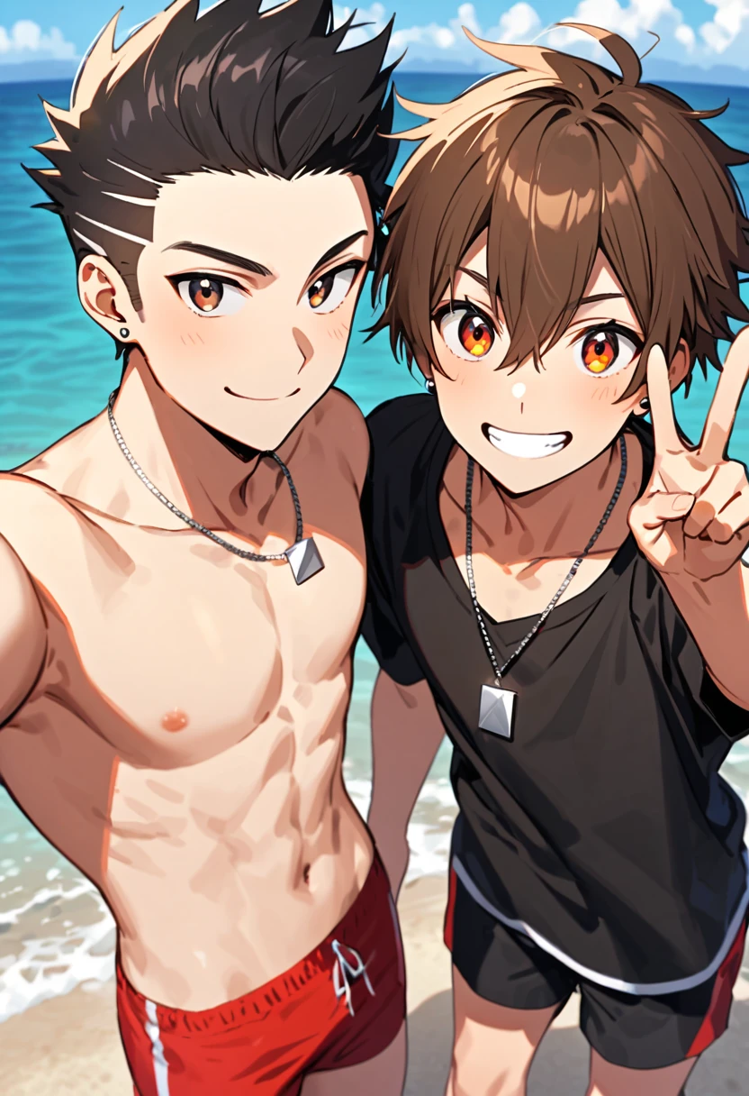 Two 20-year-old men on the beach. The first one has shaggy tousled black hair, brown eyes, and a cheerful smile. He is shirtless and wearing black swimming trunks, a thin silver necklace, and small silver earrings. He is also taking a selfie. The second one has wild spiky undercut brown hair, orange eyes, and a daring smile. He is shirtless and wearing red swimming trunks, as well as a thin silver necklace. He is also holding up a v-sign.