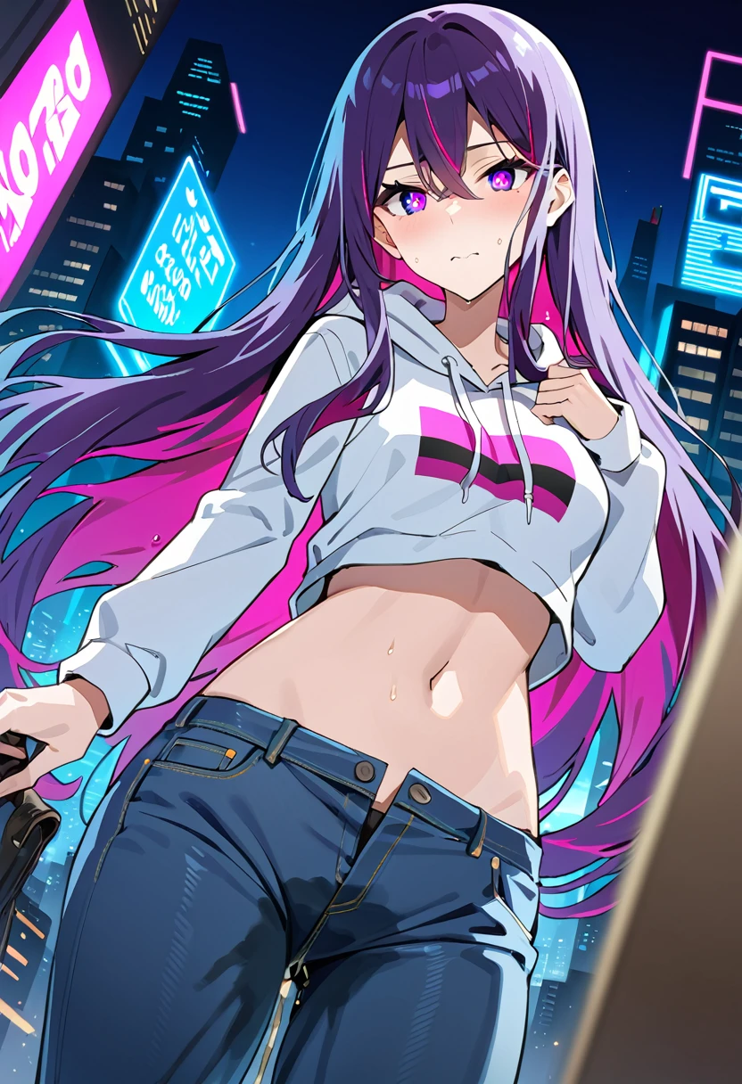 (masterpiece:1.37), best quality, (extremely detailed:1.37), woman, (very long hair:1.5), dark purple hair, purple eyes, (extremely detailed eyes:1.37), hoodie, navel, jeans, open fly, desperation, (wetting: self 3.0), standing, city, futuristic, neon lighting, high-tech