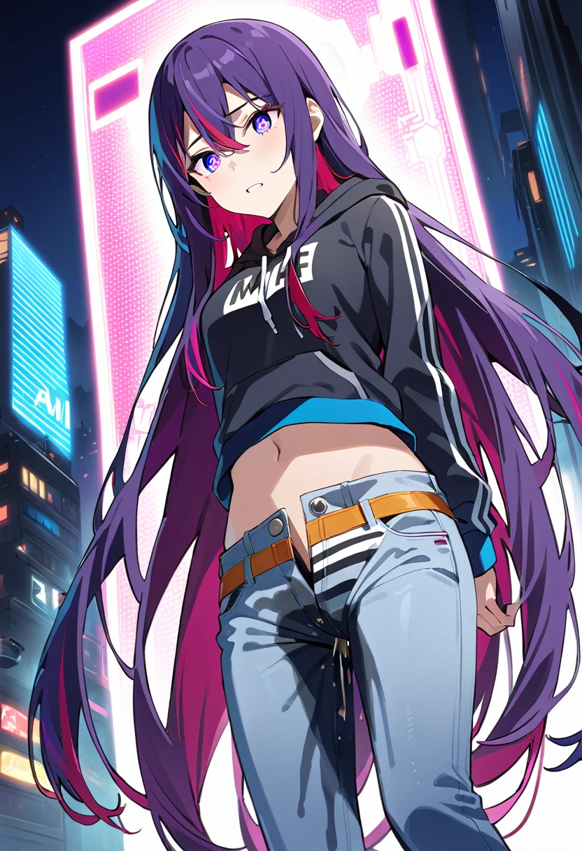 (masterpiece:1.37), best quality, (extremely detailed:1.37), woman, (mature:1.5), (adult:1.5), large breasts, very long hair, (straight hair:1.5), dark purple hair, purple eyes, (extremely detailed eyes:1.37), hoodie, jeans, desperation, wetting self, standing, embarrassed, humiliation, blushing, angry, city, futuristic, neon lighting, high-tech, street