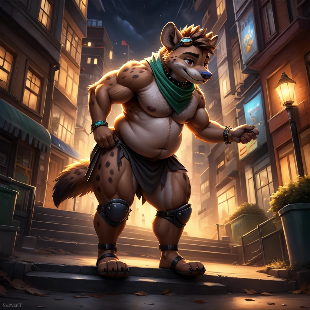 Epic Zootopia Adventures Character Zootopia Corpulent Kid, Anime style, full body image, neighborhood style, in Zootopia Steps Weight gain progress, full body pic (obese, strong legs and arms), zootopia citizen kid, He is a obese Glotton, He is using protein to grow and fatten, Zootopia city, detailed face, detailed eyes, high resolution, detailed hands, detailed body  No lighting deep shadows, masterpiece, high quality, Empty, Solitary, Obese teenager hairy, hairy, Fat teenager, hyena, Only has spiky brown hair on head, collar, Brown eyes, goggles, Black loincloth, green scarf, Elbow pads, Knee pads, masterpiece, muscles, Detailed hands, Delicate face, delicate eyes, Detailed body, Flat body, paw, high resolution, Metal bracelet on wrist, metal handcuffs on ankles, No shirt, No underwear, Crowded city, night, Lean forward, Kenkert&#39;s art