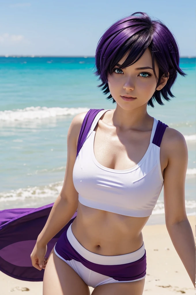 My hero academia screenshot woman with white short hair and purple eyes in the beach
