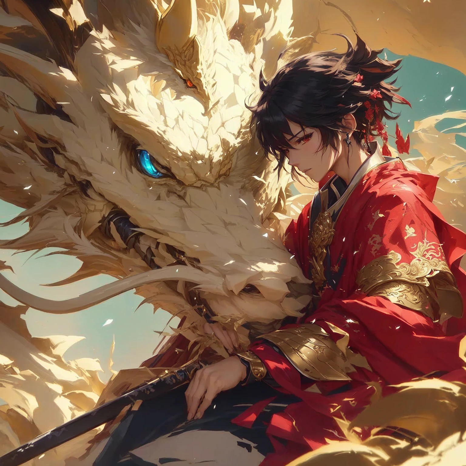 Anime character holding a sword and a dragon head, artwork in the style of Gu Weiss, Gu Weiss, author:Yang J, Detailed digital anime art, Gu Weiss masterpiece, Detailed anime artwork, Ross Tran 和 WLOP, Ross Tran 和 Bayard Wu, Chinese Fantasy, Detailed anime art, Krenz Kushat and Lin Wenjun, Anime Fantasy Artwork