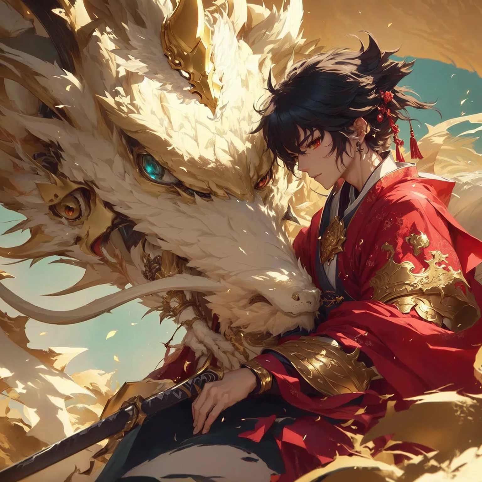 Anime character holding a sword and a dragon head, artwork in the style of Gu Weiss, Gu Weiss, author：Yang J, Detailed digital anime art, Gu Weiss masterpiece, Detailed anime artwork, Ross Tran 和 WLOP, Ross Tran 和 Bayard Wu, Chinese Fantasy, Detailed anime art, Krenz Kushat and Lin Wenjun, Anime Fantasy Artwork