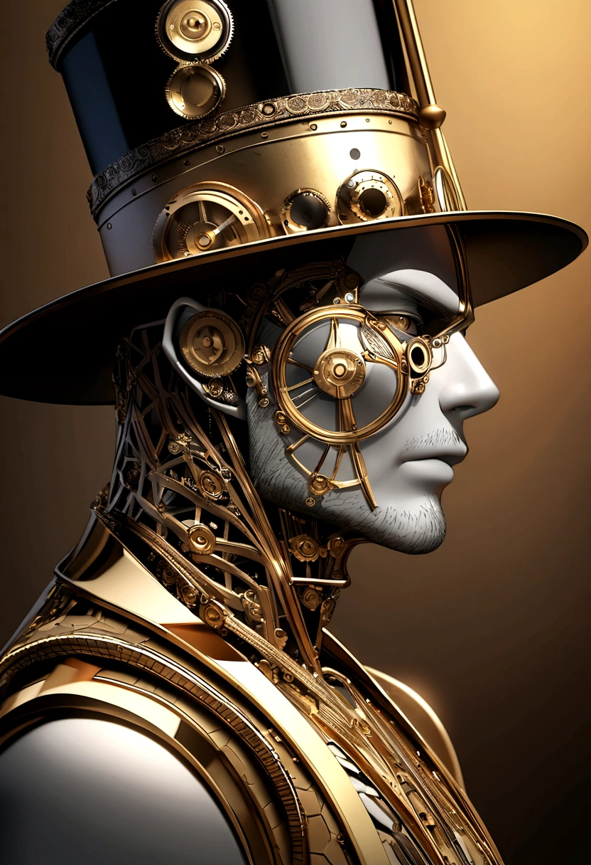 A centered profile of a 3D MAN with an illustrated face, facing right, Sharp jawline and chin, broad and wide chin, and well-defined facial structure, styled stubble, metal skin, eyes opened, wearing a top hat on his head headwith gears on it, digital art inspired by Hedi Xandt, kinetic art, made from gold metal gears, vintage, steampunk, gold with green veins, metallic background, open copy space, metal skin., textured skin, super detail, high details, high quality, award winning