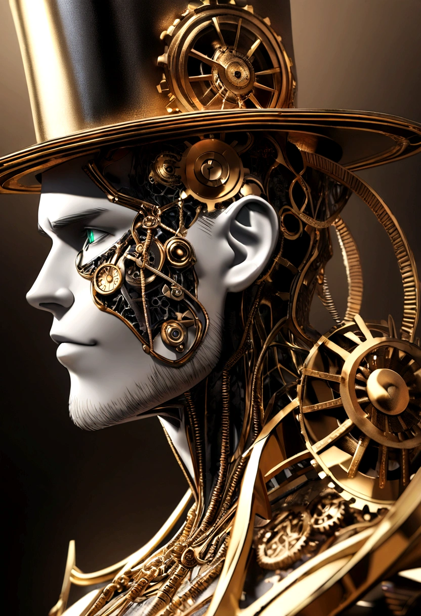 A centered profile of a 3D MAN with an illustrated face, facing right, Sharp jawline and chin, broad and wide chin, and well-defined facial structure, styled stubble, metal skin, eyes opened, wearing a top hat on his head headwith gears on it, digital art inspired by Hedi Xandt, kinetic art, made from gold metal gears, vintage, steampunk, gold with green veins, metallic background, open copy space, metal skin., textured skin, super detail, high details, high quality, award winning