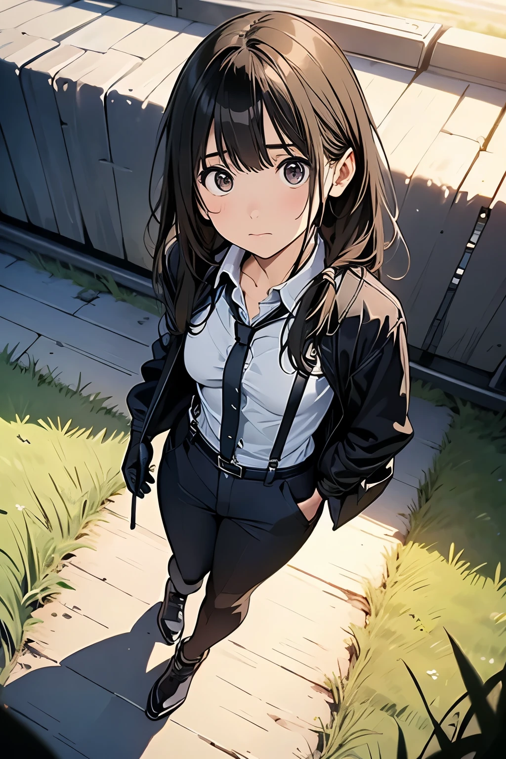 high quality, masterpiece, Ultra-high resolution, (realism: 1.4), Oil painting style, Cinema Lighting, An endless grassland dotted with a few houses, I stood on the empty asphalt road and looked at it., Fairy Mountain々was shrouded in mist, And the suspenders with the cranes flying　　　Moderate breasts　 　 　　　　Small face　 　　　holster　　　　　　　 Lying in bed　Looking up　　　　Sweat 　　　belt　summer　脇Sweat 　Black Hole Gloves　suit　shirt　　Black jacket　 Black trousers　Leg Links　ズボンにbelt　　holster　 　　Hands behind your back　 Anxious expression　Looking up　Anxious face