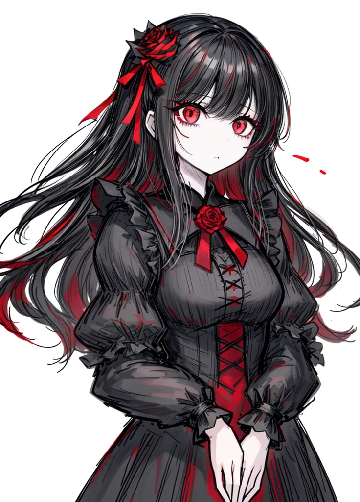 1girl, black hair, (red eye) ,red rose, Red bow,  black noble dress ,pale skin,
(high resolution, high detail, best quality), mysterious, elegant