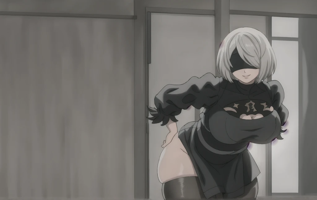 work of art, better_quality, 1 girl, standing alone, yorha no. 2 Tipo B, black blindfolded, blindfolded, ((leaning forward)), Broad Hips, thick-thighs, huge ass, Huge huge natural breasts, mature mother, hand on hip, smiling, ssbbw, obese mom, inside home