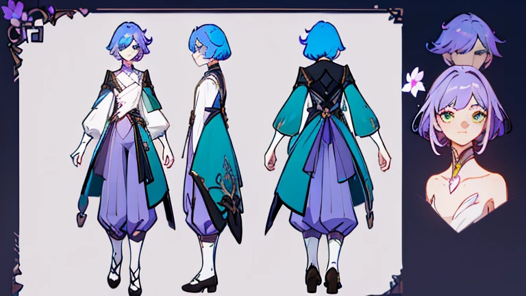 (Masterpiece, best quality), detailed, 1 woman, ((character concept art)), ((character design sheet, same character, front, side, back)), full body, body complete, 1 female, 1 women. Detailed face, character design sheet full body, Highly detailed, character sheet, character design, Many parts, pale skin, green eyes, short purple hair, male hairstyle, short male hair, lavender flower, lavender flower reference, lavender flower character reference, lavender flower inspired, male clothes, flat chest, Solarpunk, Solarpunk reference, Solarpunk inspired outfit, pants, white, gold, lavender, dark green, cyan.