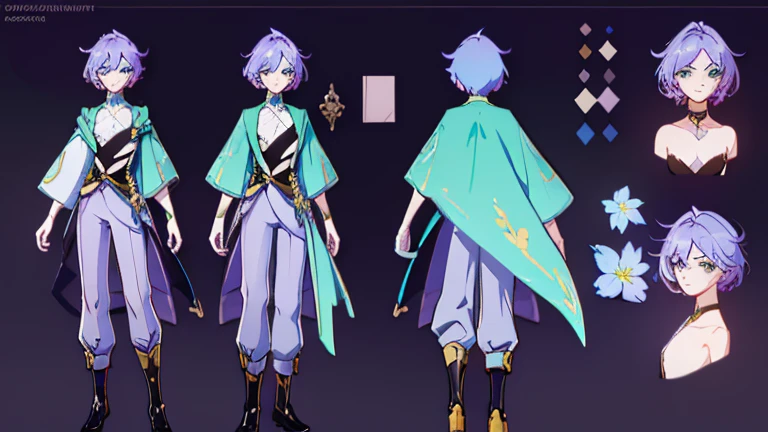 (Masterpiece, best quality), detailed, 1 woman, ((character concept art)), ((character design sheet, same character, front, side, back)), full body, body complete, 1 female, 1 women. Detailed face, character design sheet full body, Highly detailed, character sheet, character design, Many parts, pale skin, green eyes, short purple hair, male hairstyle, short male hair, lavender flower, lavender flower reference, lavender flower character reference, lavender flower inspired, male clothes, flat chest, Solarpunk, Solarpunk reference, Solarpunk inspired outfit, pants, white, gold, lavender, dark green, cyan.
