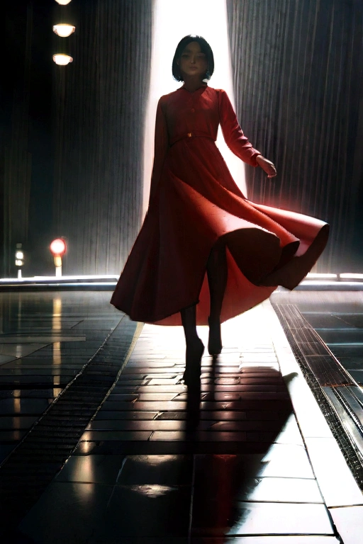 A dramatic rainy street scene, a girl in a vibrant red dress dancing under a streetlight, minimalist, cinematic lighting, moody atmosphere, dramatic shadows, cinematic composition, highly detailed, photorealistic, 8k, masterpiece