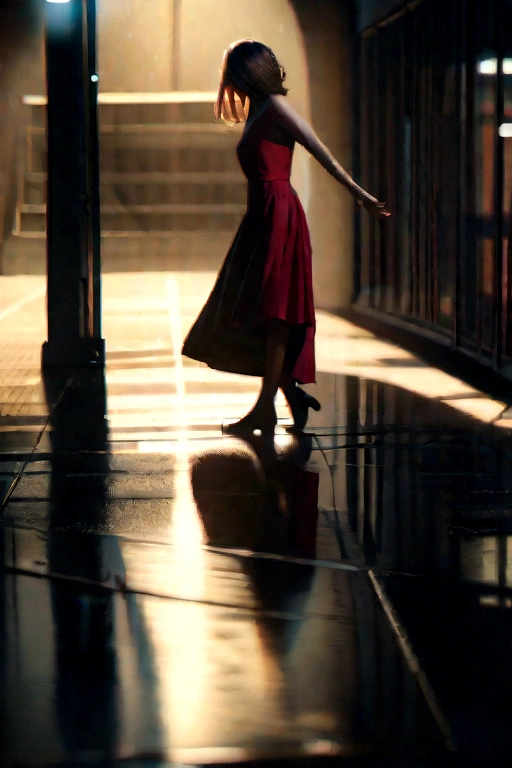 A dramatic rainy street scene, a girl in a vibrant red dress dancing under a streetlight, minimalist, cinematic lighting, moody atmosphere, dramatic shadows, cinematic composition, highly detailed, photorealistic, 8k, masterpiece