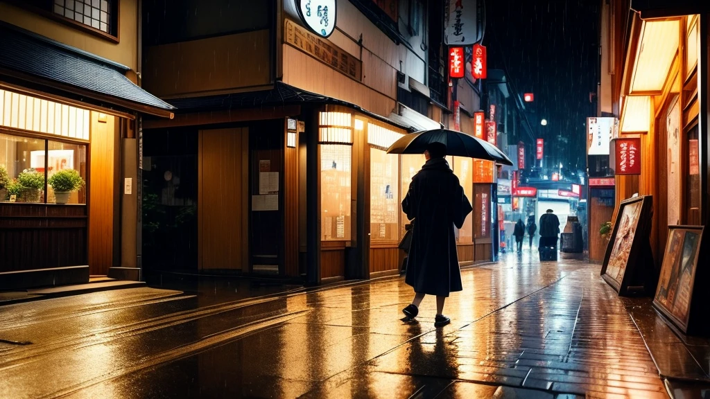 On the quiet streets of Japan,A late-night restaurant stands quietly on the street corner。There is a small lantern hanging at the entrance of the canteen.,The words "Midnight Diner" are written on the lantern.,The faint light appears particularly warm in the night。The canteen door is half open,Through the crack in the door, you can vaguely see the scene inside。
Rain drops down the eaves onto the ground,Makes a gentle ticking sound,It seems to add a melodious rhythm to this quiet night.。From time to time, pedestrians hurriedly walked by holding umbrellas.,Their figures cast mottled shadows under the street lights,Short and hurried。
The entire Japanese street scene looks particularly peaceful and beautiful on a rainy night。The warm lights of the late night restaurant,The soft music inside is like a delicate background music,Adds a touch of warmth and tranquility to this tranquility。this moment,Everything on the street seemed to be still.,Only the sound of rain and the faint light interweave into a quiet and pleasant picture in the night.,Makes people stop,Enjoy this unique night atmosphere。