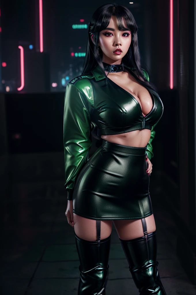 korean idol mature woman black wavy hair with bangs Big breasts close together and cleavage black eyeshadow smoky makeup Dirty makeup ((bright red plump lips)) ((A neon cyberpunk city)) ((Green khaki enamel military uniform tight mini skirt)) ((Super shiny metallic black enamel knee-high boots)) tight mini skirt garter belt masterpiece 8k cyber punk electric punk battlefield female general ((bright red plump lips)) duck mouth gravure